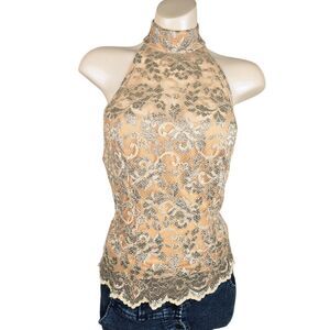 Vtg Cache Floral Lace Halter Top Sz S Gold Coquette Y2K Romantic Soft Glam Fairy